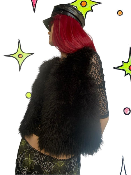 Y2K Black Faux Fur Crop Vest Jessica Simpson McBling Baddie Glam - Free Size