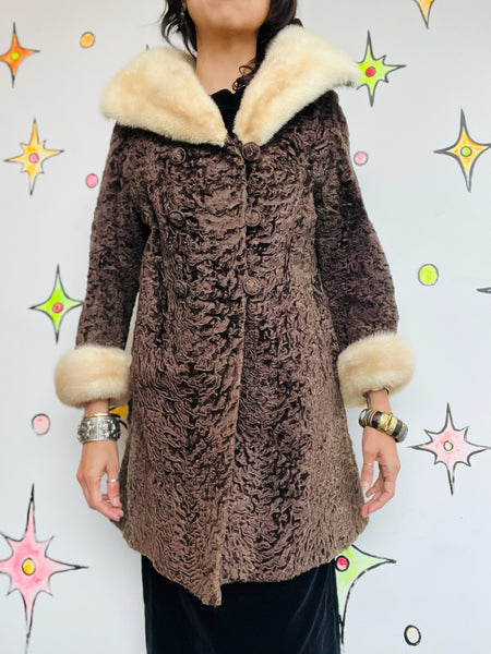 Vintage 40s 50s Persian Lambswool Fur Coat Mink Collar & Cuffs Luxury Penny Lane