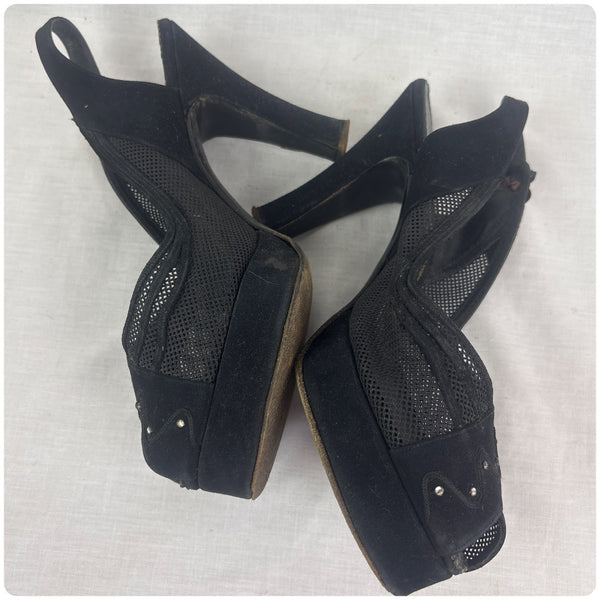 40s Black Mesh Suede Peep Toe Platform Heels Rhinestones Witchy Cha Cha – 6.5–7