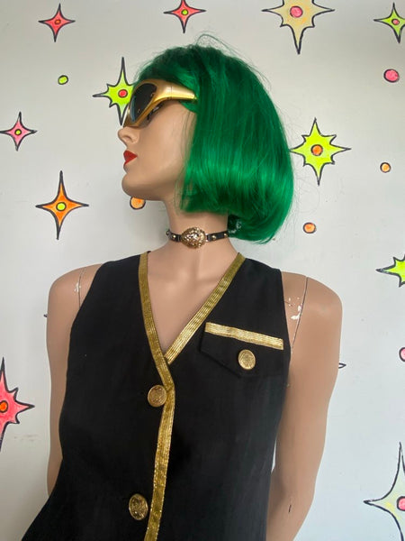 80s Vintage Versace Style Black & Gold Blazer Dress Office Siren Glam Midi - S