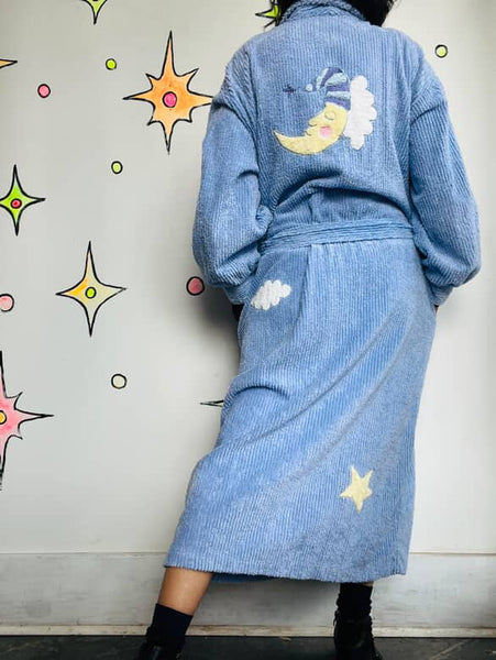 Vintage 80s 90s Celestial Moon & Stars Fuzzy Plush Bath Robe - Size L