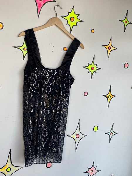 Black Metallic Lace Slip Dress | Whimsy Goth Fairy Grunge Sheer Lingerie Dress M