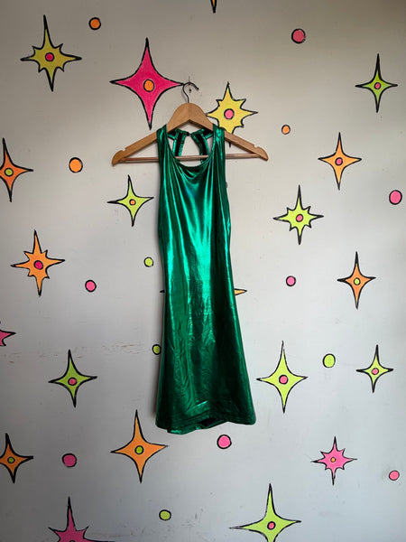 Y2K Green Metallic Galactic Bodycon Mini Dress Futuristic Clubwear Disco Glam SM