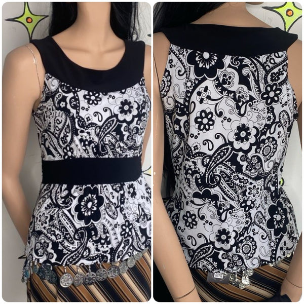 Black & White Paisley Scarf Bringe Top 90s Stretchy Fairy Grunge Whimsy Goth - S