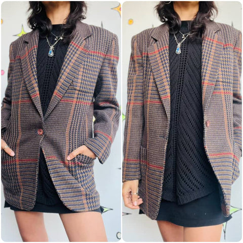 Vintage 80s Brown Houndstooth Blazer Jones New York Wool Look Classic Jacket - 6