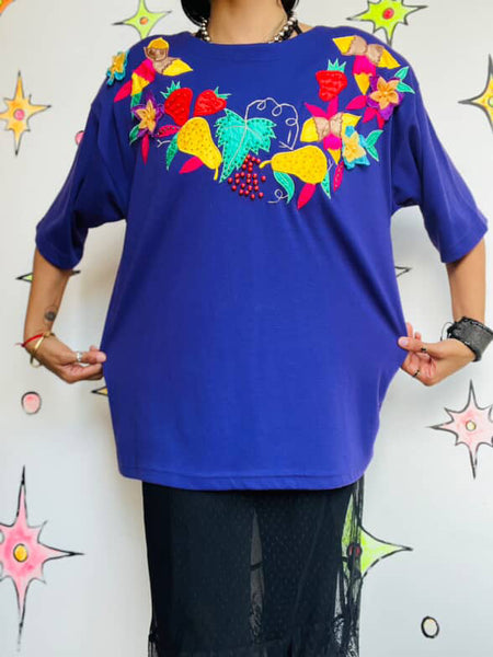 Vintage 80s Embellished Sequin Fruit Tee Deadstock Art Wear Statement Shirt - M