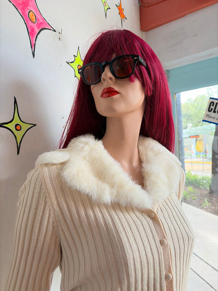 Vintage 90s Ann Taylor Off-White Cashmere Fur Trim Cardigan Coquette Glam S