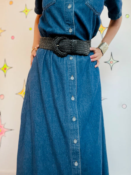 Vintage 1980s Black Woven Raffia Waist Cincher Belt – Whimsy Goth – One Size