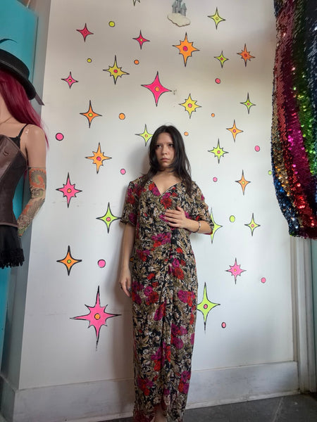 90s Floral Silk Dress Romantic Fairy Grunge Whimsy Goth Office Siren M/L