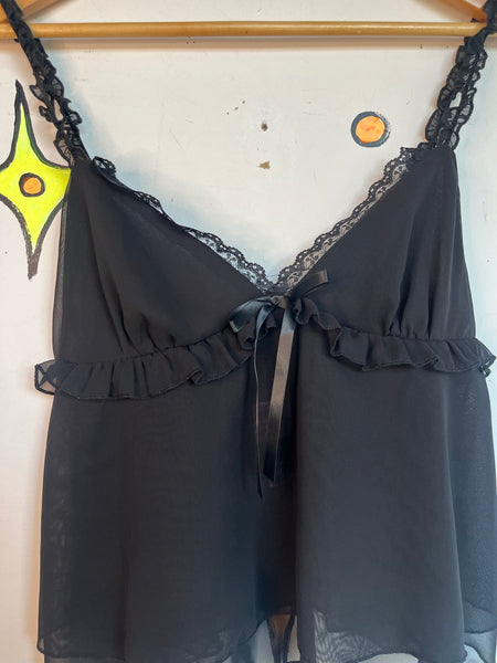 Black Ruffle Babydoll Cami Whimsy Goth Fairycore Romantic Lounge Top L