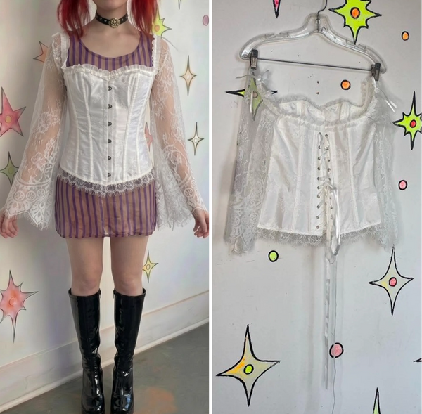 White Lace Corset Top | Fairy Grunge Medieval Balletcore Coquette Blouse – M