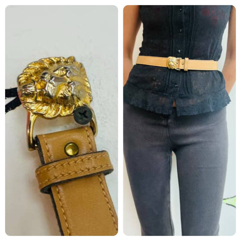 Vintage Anne Klein Tan Leather Belt – Gold Lion Buckle | 80s 90s Glam Statement