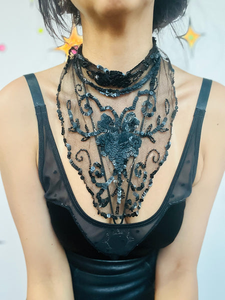 Vintage Victorian Gothic Lace Beaded Mourning Collar - Black Lace Choker