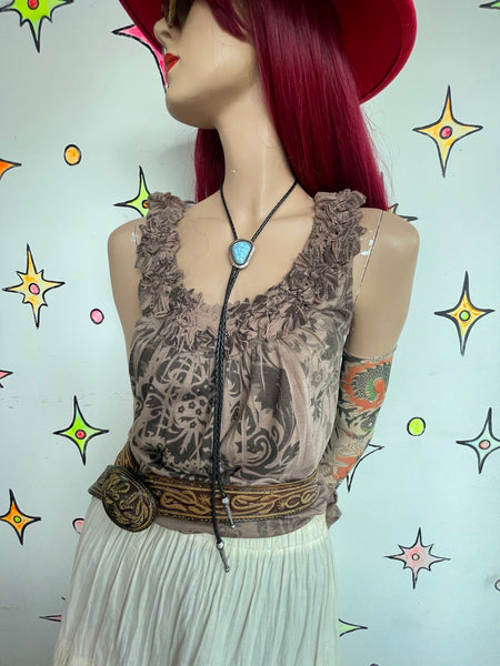 Tattoo Print Affliction Style Earth Tone Top Y2K Fairy Grunge Boho Mori Kei M/L