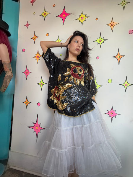 Vintage 80s Black Gold Sequin Party Blouse Maximalist Holiday Glam Disco Top