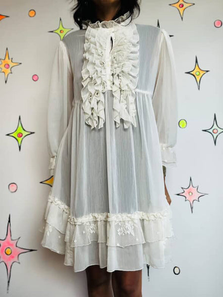 Vintage 90s Y2K Sheer White Ruffle Neck Pirate Victorian Dress Romantic Boho | M