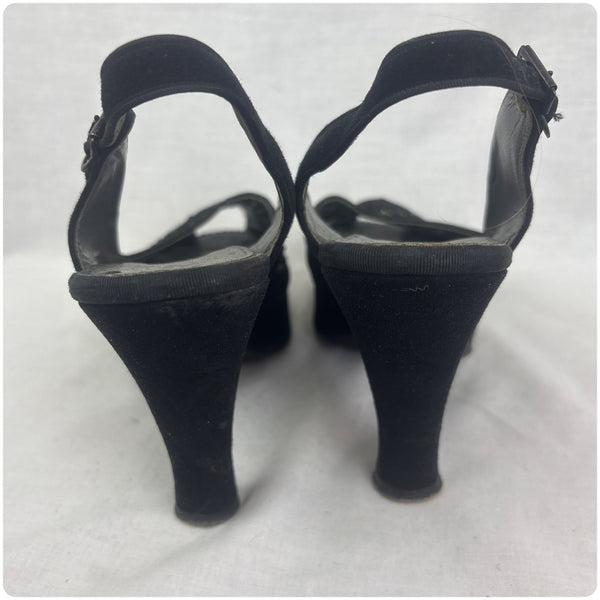 1940s Black Peep Toe Sling Back Suede Platform Pumps - Cha Cha Heels - 6 -6.5