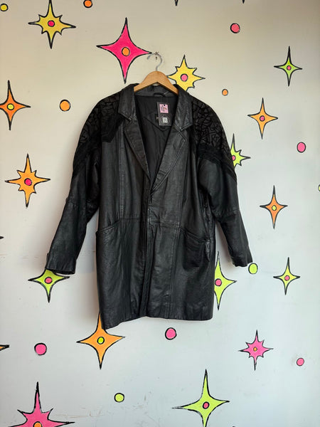 Black Leather Trench Coat 80s Patchwork Dolman Goth Moto Jacket Statement M