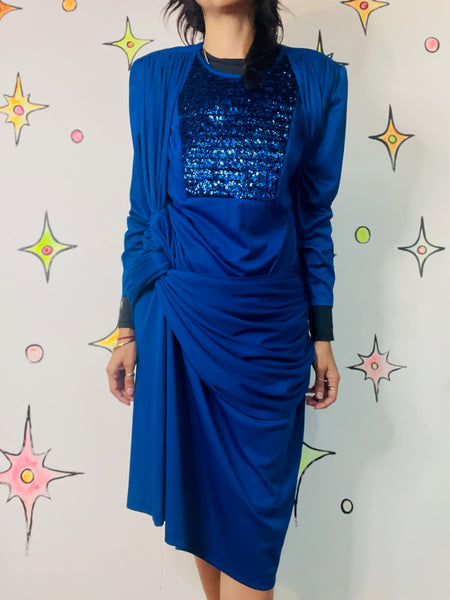 Vintage 80s Blue Glitter Sequin Party Dress ' Old Money Glam ' Shoulder Pads XL