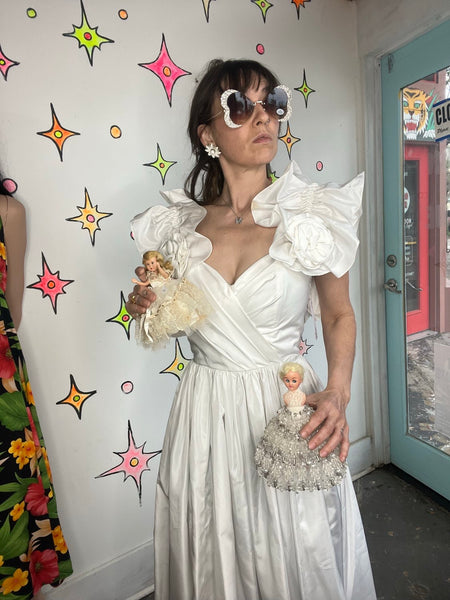 80s White Ruffle Poofy Cupcake Dress Vintage Prom Wedding Party Princess _ S