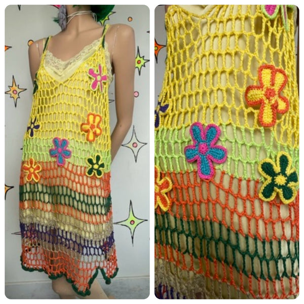 Y2K Crochet Rainbow Dress Festival Boho Rave Pride L/XL