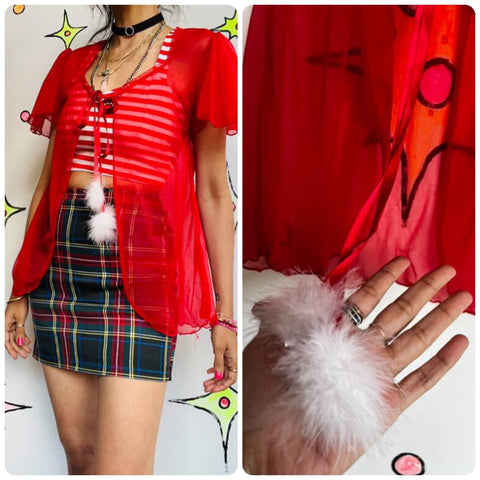 Vintage 80s 90s | Red Chiffon Sheer Babydoll Feather Trim Nighty Robe Cape | S