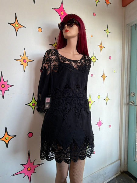 Vintage Black Crochet Mini Dress or Top Cotton Whimsy Goth Boho Grunge - M