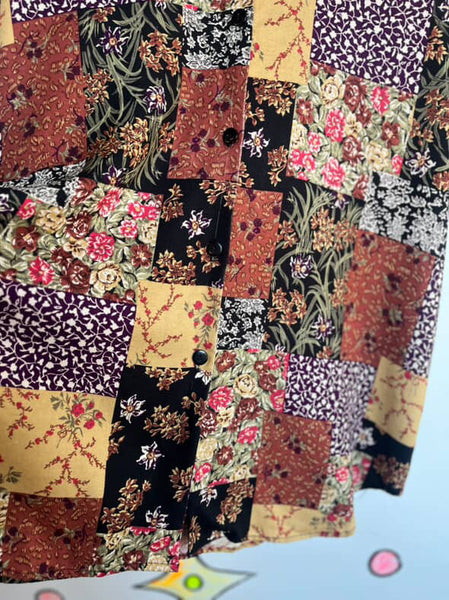 Vintage 80s 90s Boho Whimsy Grunge Fairy Patchwork Button Up Shirt – L