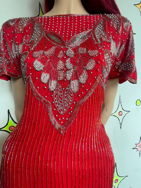 Vintage 80s Heavy Beaded Crimson Silk Party Dress Luxe Glam Old Money L