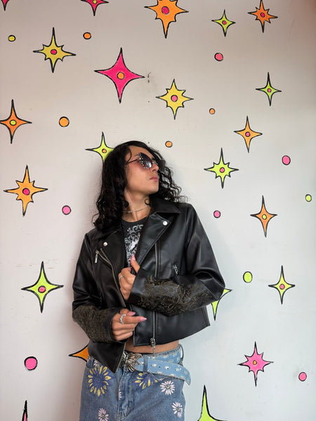 Disturbia Vegan Leather Jacket Goth Moto Biker Punk Grunge Embellished Coat M