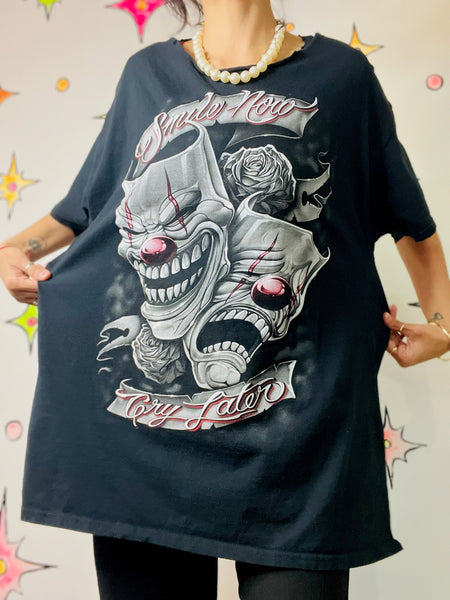 Y2K Tattoo Print Goth Grunge Clowncore Clown Mask Horror Thrashed Tee T Shirt - XL