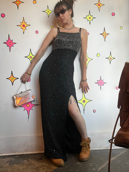 Vintage Black Silk Beaded Gown Glam Old Hollywood Formal Evening Dress M