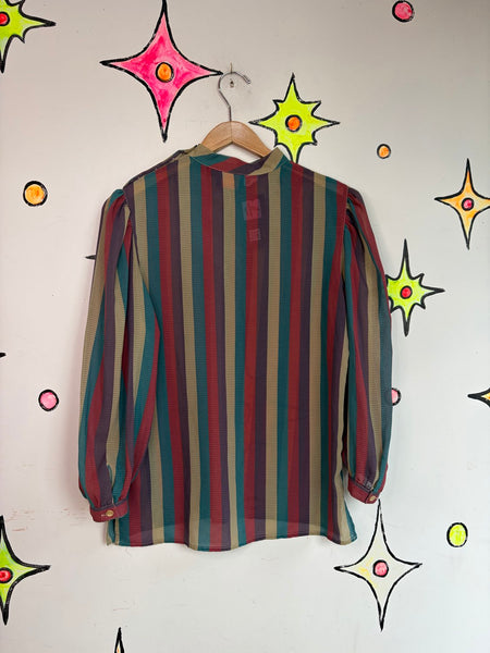 Vintage 70s Rainbow Striped Secretary Blouse Retro Dark Academia L