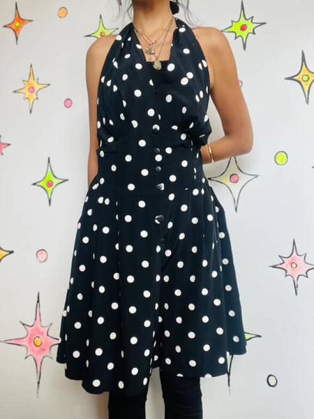 80s Does 50s Black & White Polka Dot Halter Romper Dress Rockabilly Pinup - L/XL