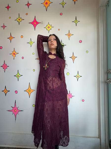Vintage 90s Merlot Lace Maxi Dress Sheer Romantic Goth Prairie Fairy Grunge - S