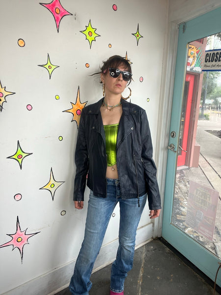 Vintage Y2K Navy Vegan Leather Moto Jacket Glam Grunge Rocker - M