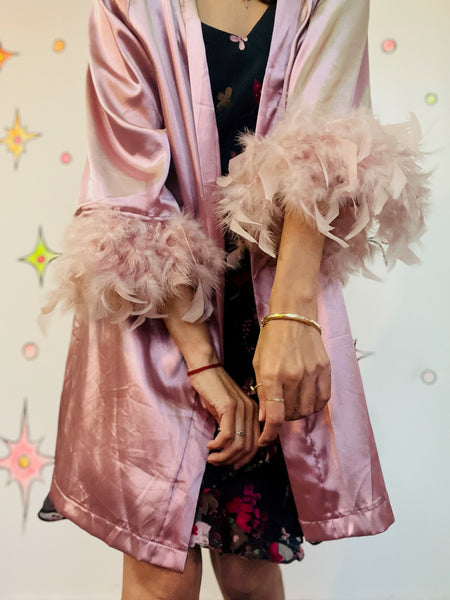 Vintage Pink Satin Feather Trim Boudoir Robe – Old Hollywood Glam Lingerie – M