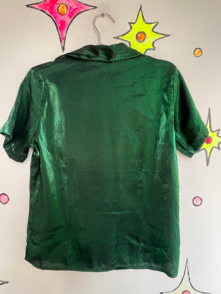 Emerald Metallic Button Up Shirt - 90s Vintage Fairy Grunge Cyber Party Top M/L