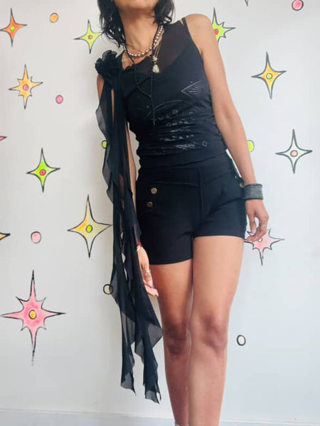 Vintage Y2K | Stretchy Black Whimsy Goth Sheer Mesh Grunge Fairy Top | S - M