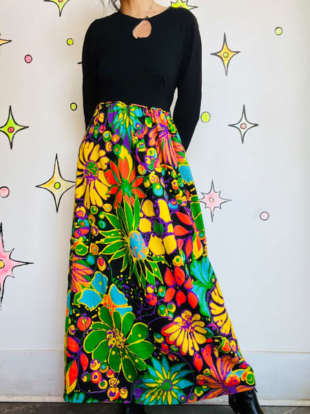 70s Psychedelic Floral Maxi Dress - Rainbow - Boho Fairy Grunge Witch - Small