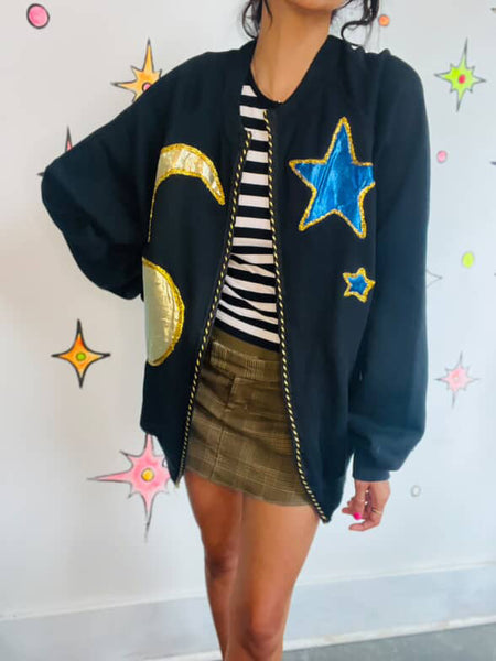 Vintage 80s Black Embellished Celestial Witchy Stars Moons Sweater L XL