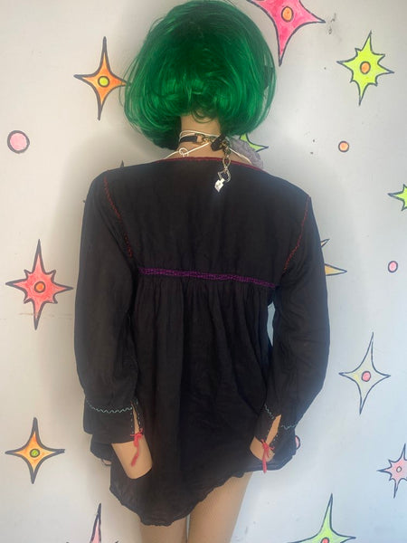 Vintage Black w Rainbow Hand Embroidered Mexican Oaxacan Huipil Blouse S/M