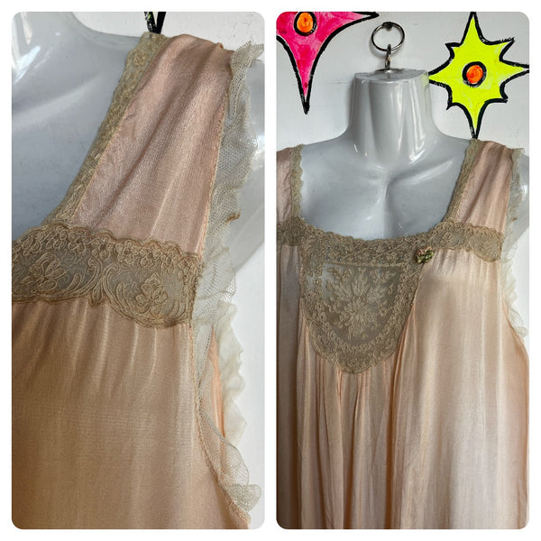 Antique Early 1900s | Pink Lace Victorian Lingerie Dress Nighty Slip | Sz M