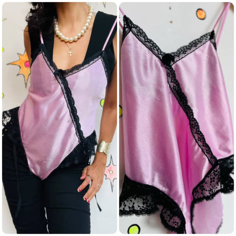 Vintage 80s Vamp Pink Satin & Black Lace Teddy Coquette Fairy Grunge Lingerie S