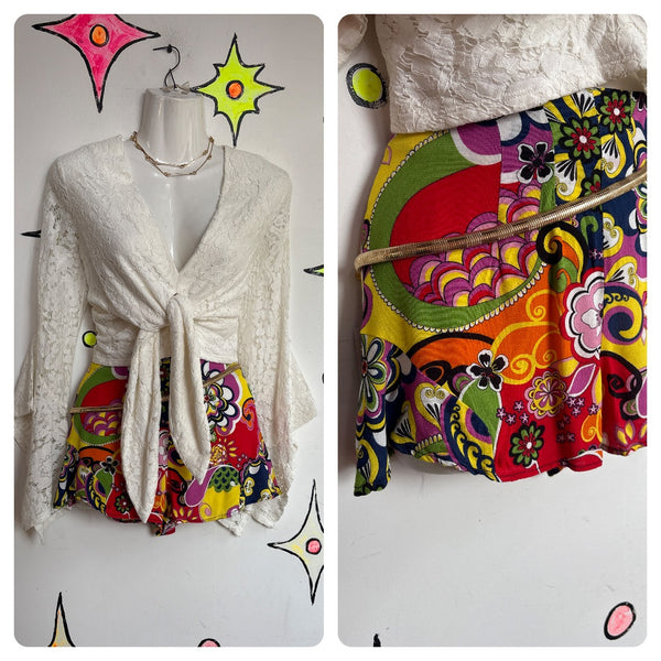Y2K does 60s Groovy Psychedelic Mod GoGo Rainbow Micro Shorts XS Retro Clubwear