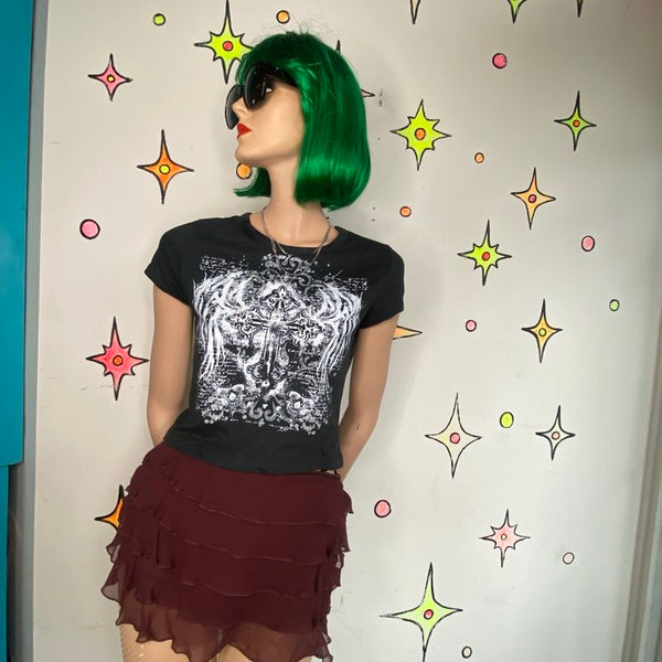 Y2K Hot Topic McBling Goth Tattoo Baby Tee Graphic Crop Top Black L