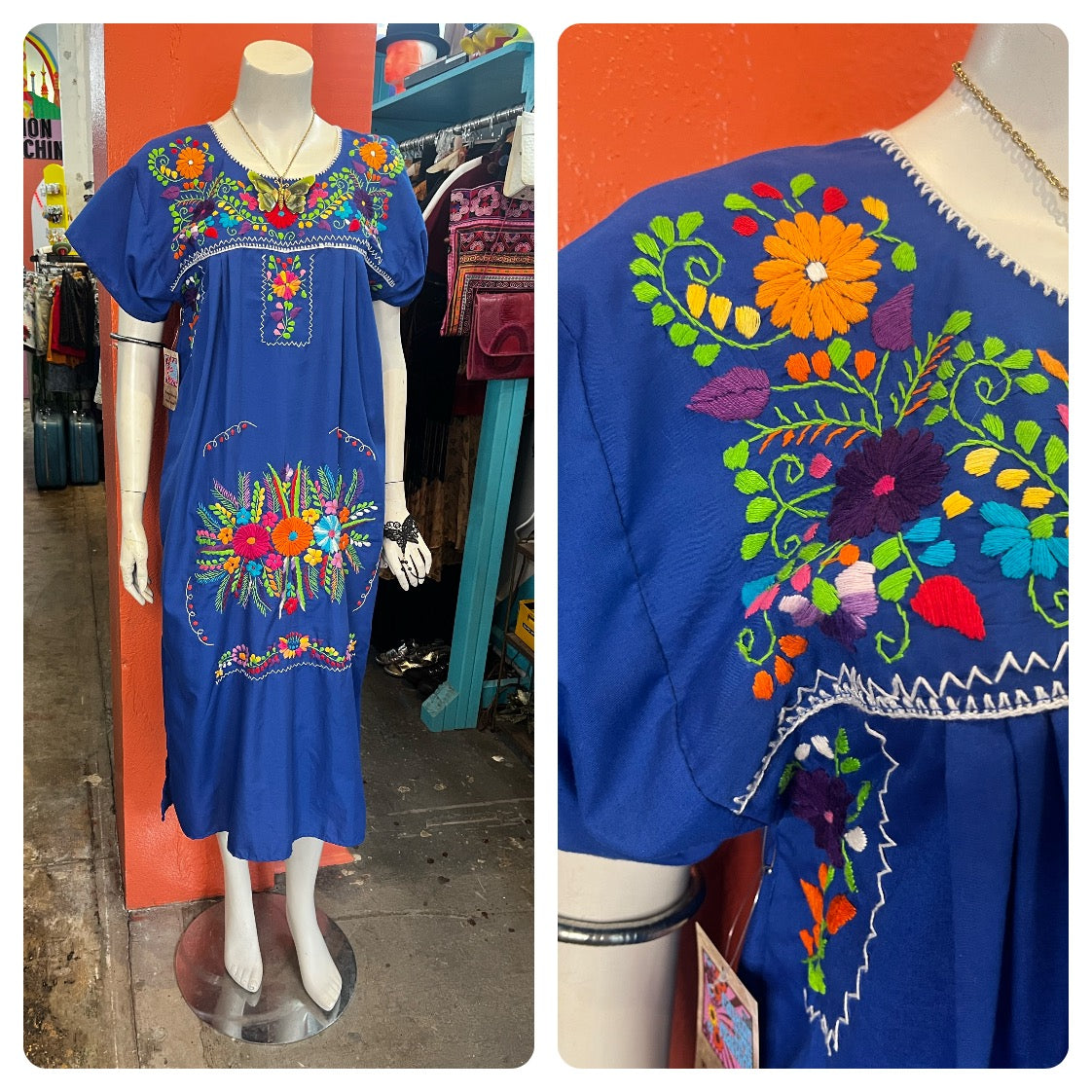 Vintage 60s 70s | Blue Boho Oaxacan Mexican Hand Embroidered Festival Dress