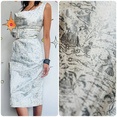 Vintage 50s Alfred Shaheen Silver Hawaiian Sarong Wiggle Dress Pin-Up Glam - 5/6