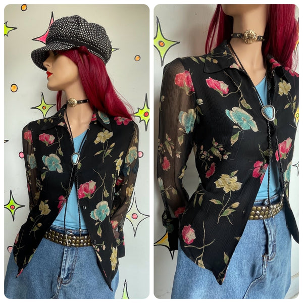 Vintage 90s Express Black Silk Floral Button Up Whimsigoth Dark Romantic M