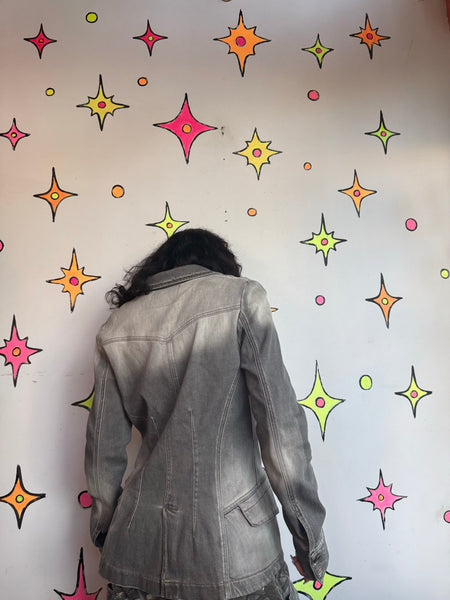 Guess Y2K Denim Blazer Distressed Charcoal Indie Sleaze Jacket S